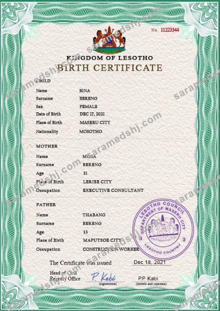 Lesotho vital record birth certificate PSD template